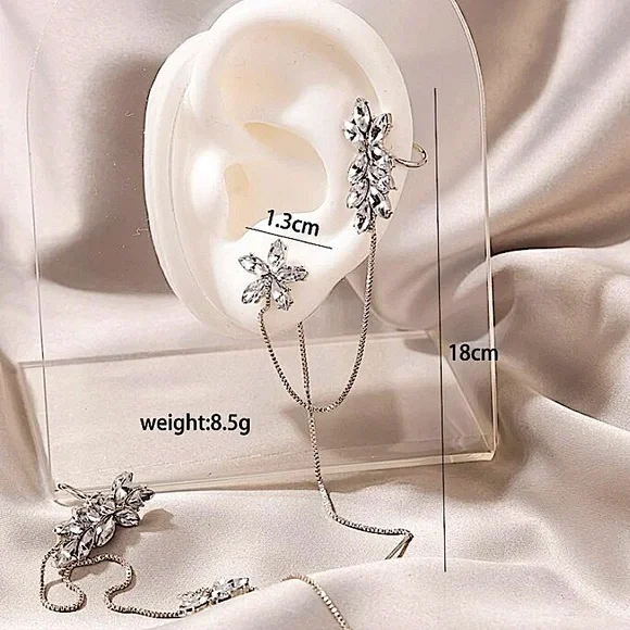 SILVER RHINESTONE FLOWER EAR CUFF THREADER CLIMBER EARRINGS - Picture 4 of 5